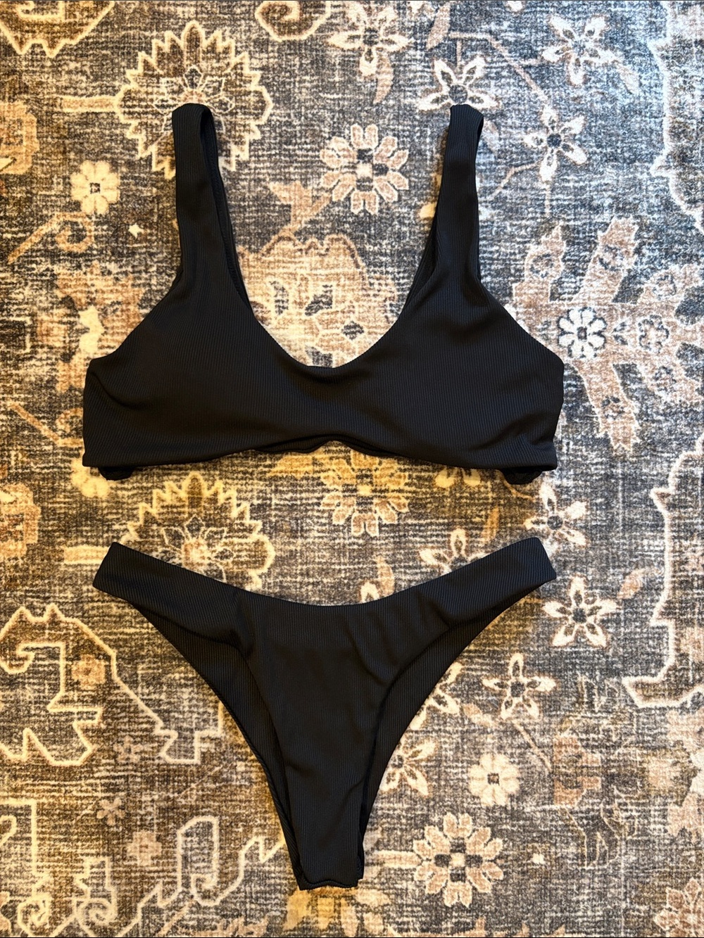 SHEIN Black Ribbed Scoop Bikini Top and Bottom Set